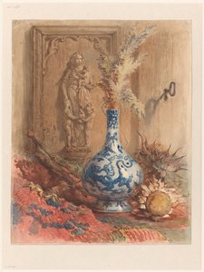 Stilleven met Chinese vaas en gedroogde zonnebloemen