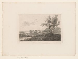 Landschap met in de verte een villa en een tuinbank bij twee bomen op de voorgrond door Marie Anna Fischer