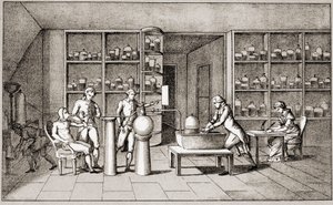 Antoine Laurent de Lavoisier (1743-1794), Franse chemicus die een experiment uitvoert over de ademhaling van een rustende man. Tekening door mevrouw Lavoisier. Parijs 18e eeuw. Leemage collectie.