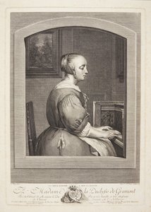 Een Nederlandse vrouw speelt klavecimbel, gezien door een raam door Marie Louise Adélaïde Boizot