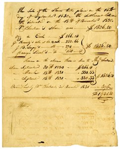 Document betreffende verkoop van slaven en aandeel dat naar verschillende individuen gaat, november 1831 door Marie Therese Cerre Chouteau