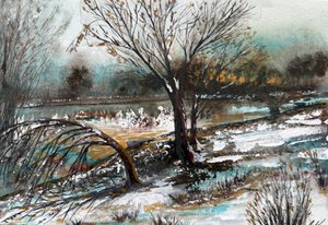 Besneeuwd winterrivierlandschap