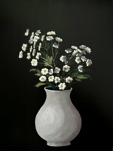 Schilderij met witte bloemen – Monochrome botanische kunst in een witte vaas voor thuis, op kantoor of als cadeau - 010