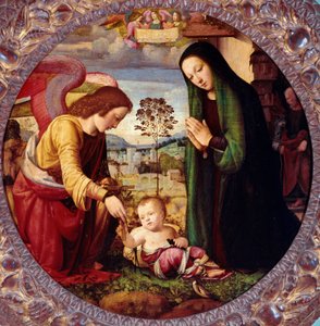 Heilige Familie met een Engel (schilderij door Mariotto Albertinelli)
