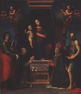 Madonna en Kind met Sint Julianus, Sint Dominicus, Sint Nicolaas van Bari en Sint Hiëronymus door Mariotto Albertinelli