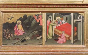 Madonna en Kind met Heiligen, detail van de predella die de Aankondiging aan Joachim en de Geboorte van de Maagd uitbeeldt (detail)