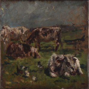 Koeien en kippen, ca. 1880