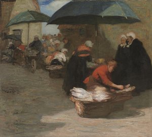Een Vlaamse vismarkt (olieverf op doek)