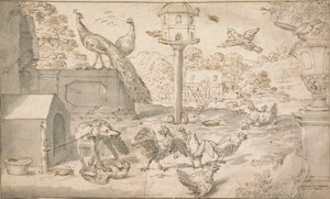 Landschap met vogels en hond door Marmaduke Cradock