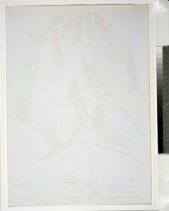 Berglandschap met twee gebouwen op de voorgrond door Marsden Hartley