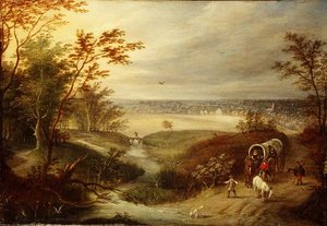 Een uitgestrekt bebost landschap met een wagen bij een doorwaadbare plaats door Marten (attr. to) Ryckaert