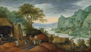 Een rotsachtig landschap met figuren bij een ijzergieterij, een rivier en huizen aan de overkant