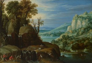 Een uitgestrekt rivierlandschap met geitenhoeders die pijpen spelen naast een waterval, een ver uitzicht op een meer en een stad daarachter