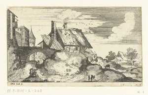 Landschap met stadspoort door Marten de Cock