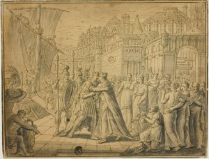 Dido en Aeneas omhelzen elkaar voor de poorten van Carthago door Marten de Vos