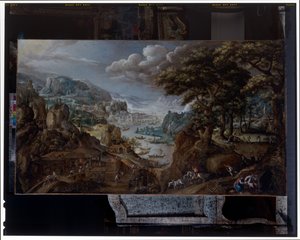 Een landschap met een ijzergieterij door Marten van Valckenborch