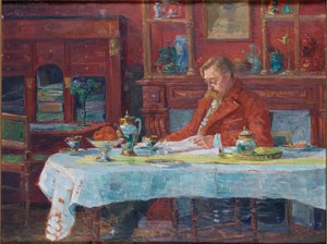 Émile Verhaeren 1855-1918 aan de tafel, 1900