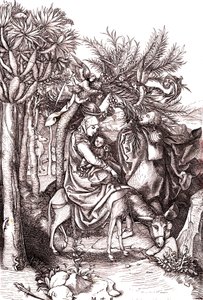 De vlucht naar Egypte, de Heilige Familie door Martin (after) Schongauer