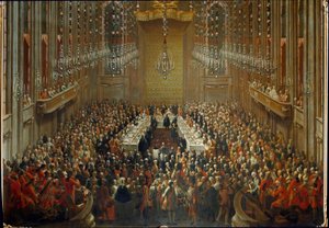 Banket ter gelegenheid van het huwelijk van Keizer Jozef II en Isabella van Parma op 06/10/1760. Met Mozart in het orkest door Martin (and studio) Mytens or Meytens