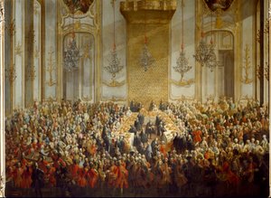 Officieel banket georganiseerd voor het huwelijk van Prinses Isabella van Parma met Keizer Jozef II op 06/10/1760 (detail) door Martin (and studio) Mytens or Meytens