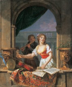 Een Jonge Dame die naar een Gitaar Reikt bij een Stenen Vensterbank en een Jongen die Fluit Speelt daarachter, 1796-97