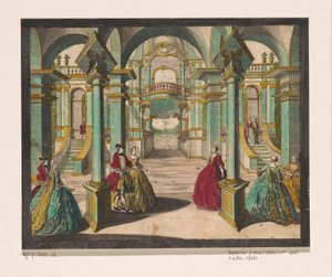 Gezicht op het interieur van een paleis, met verscheidene rijk geklede dames en heren door Martin Engelbrecht