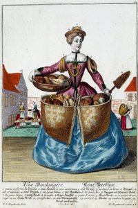 Beroep: Een bakker. Gravure door Martin Engelbrecht (1684-1756), in "Nieuwe verzameling van de geklede handwerkslieden" 18e eeuw, Duitsland. Parijs, Decoratieve Kunsten door Martin Engelbrecht