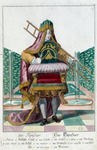 Ambacht: een stoffeerder. Gravure door Martin Engelbrecht (1684-1756), in 