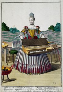 Vrouw van de orgelmaker, gravure uit Assemblage des nouveau manouvries habilles door Martin Engelbrecht (1684-1756), Duitsland