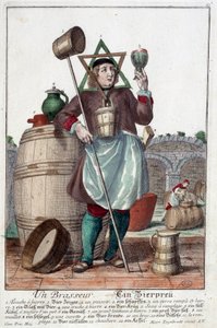 Voorstelling van een brouwer met een fontein, een glas, een kruik, een emmer, een vat, een hamer, een kom, een broc, een ketel. Gravure door Martin Engelbrecht (1684-1756) door Martin Engelbrecht