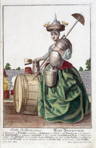 Voorstelling van de vrouw van een brouwer, met een trechter op haar hoofd, een graanzak, een kom, een emmer, een biervat. Gravure door Martin Engelbrecht door Martin Engelbrecht