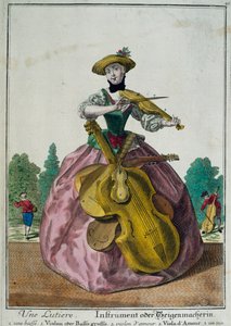 Une Lutiere, Luitspeler met altviool, cello en viool, door Martin Engelbrecht (1684-1756), kleurendruk, Frankrijk