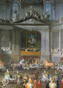Een cavalcade in de winterrijschool van de Weense Hof ter viering van de nederlaag van het Franse leger bij Praag met het ruiterportret van keizer Karel VI (detail) door Martin II Mytens or Meytens