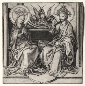 God de Vader en de Gezegende Maagd Enthroned Bijgestaan door Engelen door Martin Schongauer