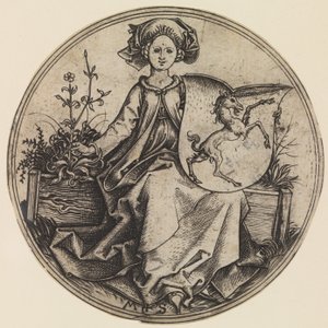 Zittende dame met een schild met een eenhoorn door Martin Schongauer