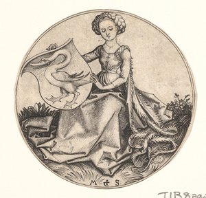 Schild met zwaan vastgehouden door vrouw door Martin Schongauer