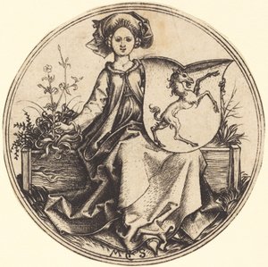 Schild met Eenhoorn, Gehouden door Vrouw door Martin Schongauer