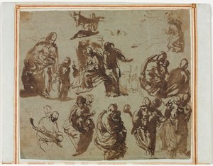 Verschillende Schetsen van de Madonna en Kind (recto) Architecturale Studies (verso) [gedeeltelijk zichtbaar op recto] door Martin Schongauer