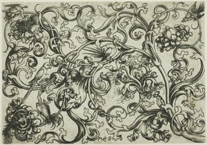 Ornament van wijnranken met papegaaien en vogels door Martin Schongauer