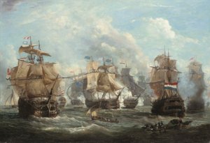 Het Engelse vlaggenschip Venerable in gevecht met het Nederlandse vlaggenschip Vrijheid bij de Slag bij Camperdown door Martin Schouman
