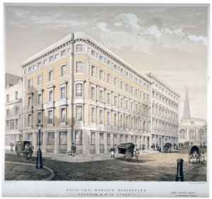 Magazijnen van J&R Morley, hoek van Milk Street en Gresham Street, Londen, ca. 1840 door Martin and Hood