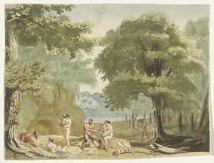 Nimfen en saters in een landschap