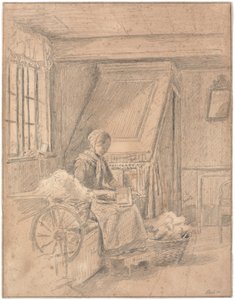 Boerenkamer met meisje dat wol kaardt door Martinus Rørbye
