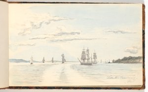 Kustlandschap met schepen door Martinus Rørbye