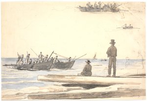 Twee vissersboten varen naar het strand van Skagen door Martinus Rørbye