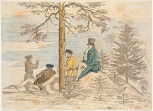 Vier mannen bekijken het uitzicht vanaf Holmekollen