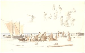 Vissers in Skagen lossen boten op het strand door Martinus Rørbye