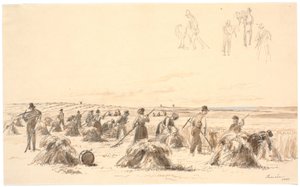 Oogstwerkers op het veld. Op de achtergrond molens en de zee