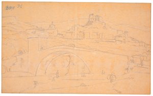 Italiaans landschap met een brug over een rivier en de stad Subiaco op de achtergrond door Martinus Rørbye