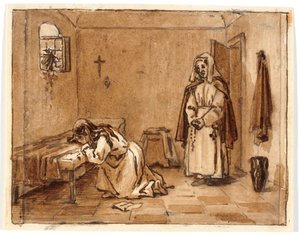 Compositiestudie met een huilende vrouw op haar knieën, een brief op de grond, achter haar een non